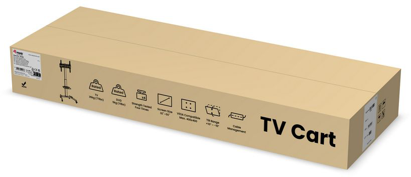 Kartondoboz 'TV Cart' felirattal. Jellemzők: TV súlya, DVD, képernyőméret és egyéb ikonok.