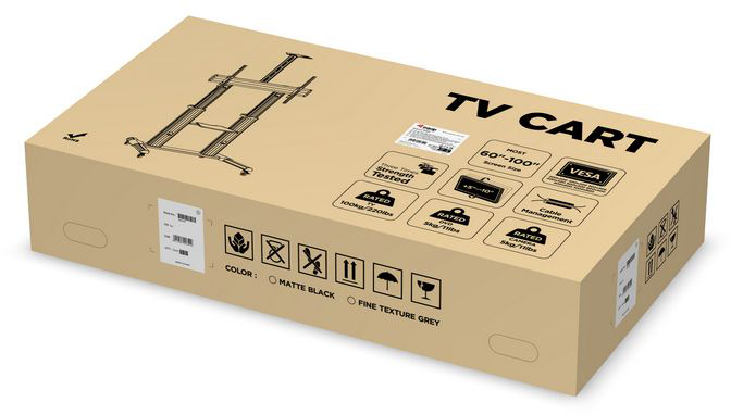Barna TV kocsi doboz termékadatokkal, matt fekete és finom textúrájú szürke színekkel.