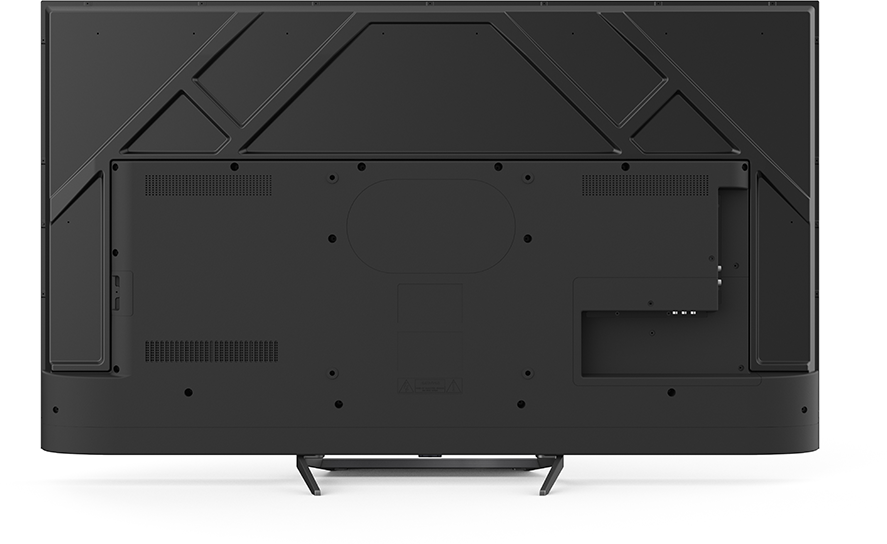 Fekete TV hátulja állvánnyal, különféle portokkal és design elemekkel.