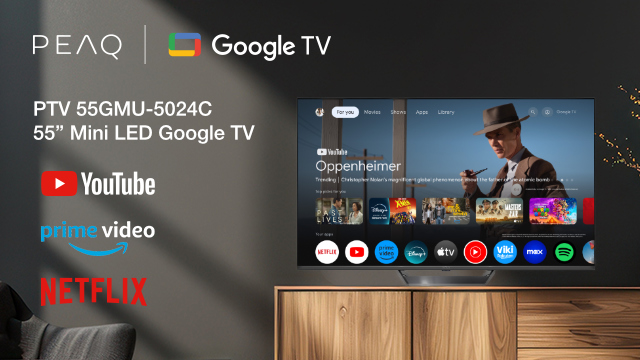 Google TV felületű televízió, alkalmazásokkal a fa felületen.
