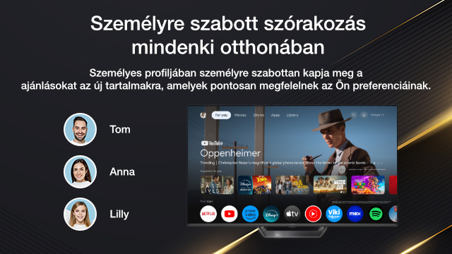 TV képernyő streaming szolgáltatást mutat felhasználói profilokkal. Felirat: Személyre szabott szórakozás.