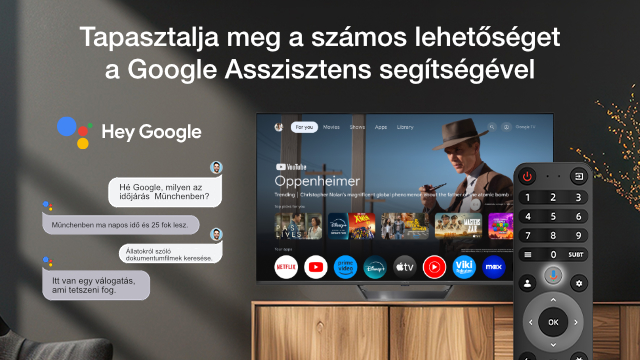 Okos TV képernyő Google Asszisztens felülettel. Távirányító előtérben.