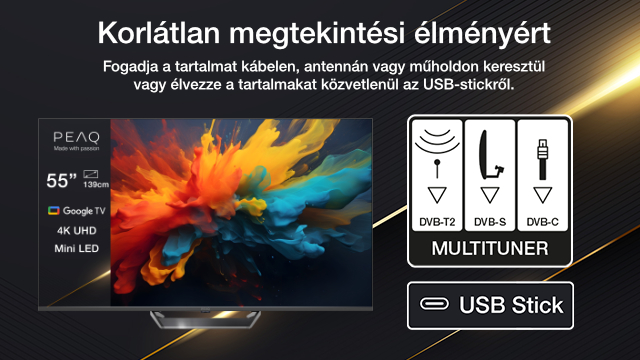 TV képernyő szöveggel, távirányítóval és antenna opciókkal.