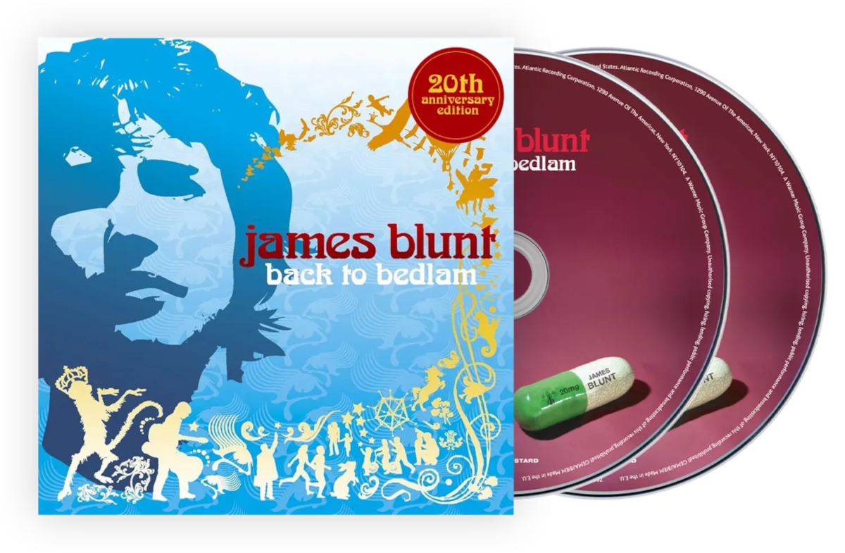 Album borító: James Blunt, 'Back to Bedlam', CD-kkel és egy tabletta grafikával.