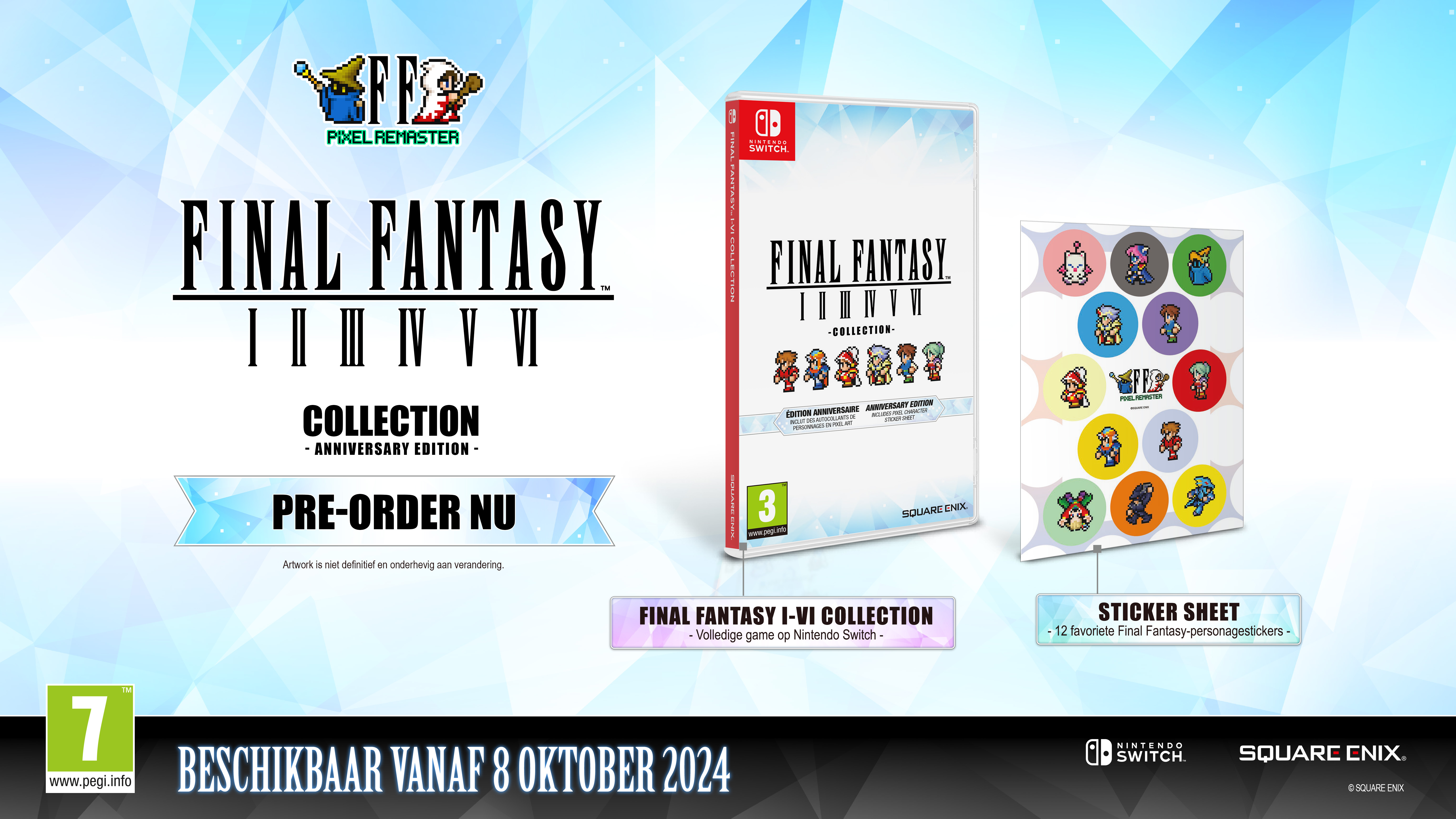 Een game-case en stickers voor Final Fantasy I-VI Collection. De verpakking is wit met game-art.