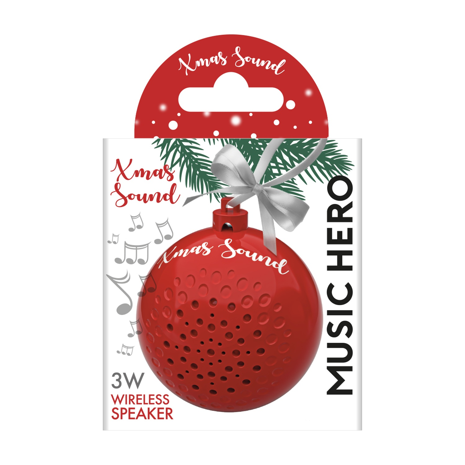 Weihnachtskugelförmiger kabelloser Lautsprecher in Verpackung. Rote Kugel mit silberner Schleife und Text 'Xmas Sound'.