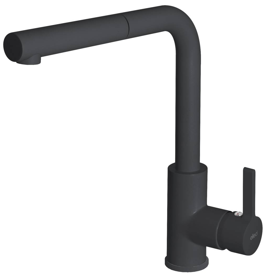 Fekete konyhai csaptelep kihúzható kifolyóval, modern design.