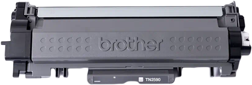 Egy Brother TN2590 tonerkazetta, fekete és szürke, Brother logóval.