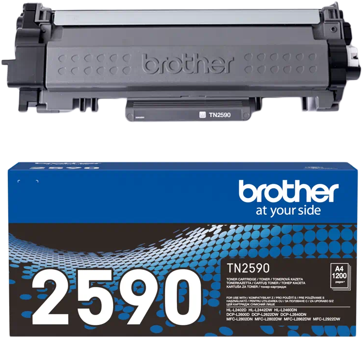 Brother TN2590 tonerkazetta doboz és tonerkazetta. Fekete és szürke színek. Szöveg és logó látható.