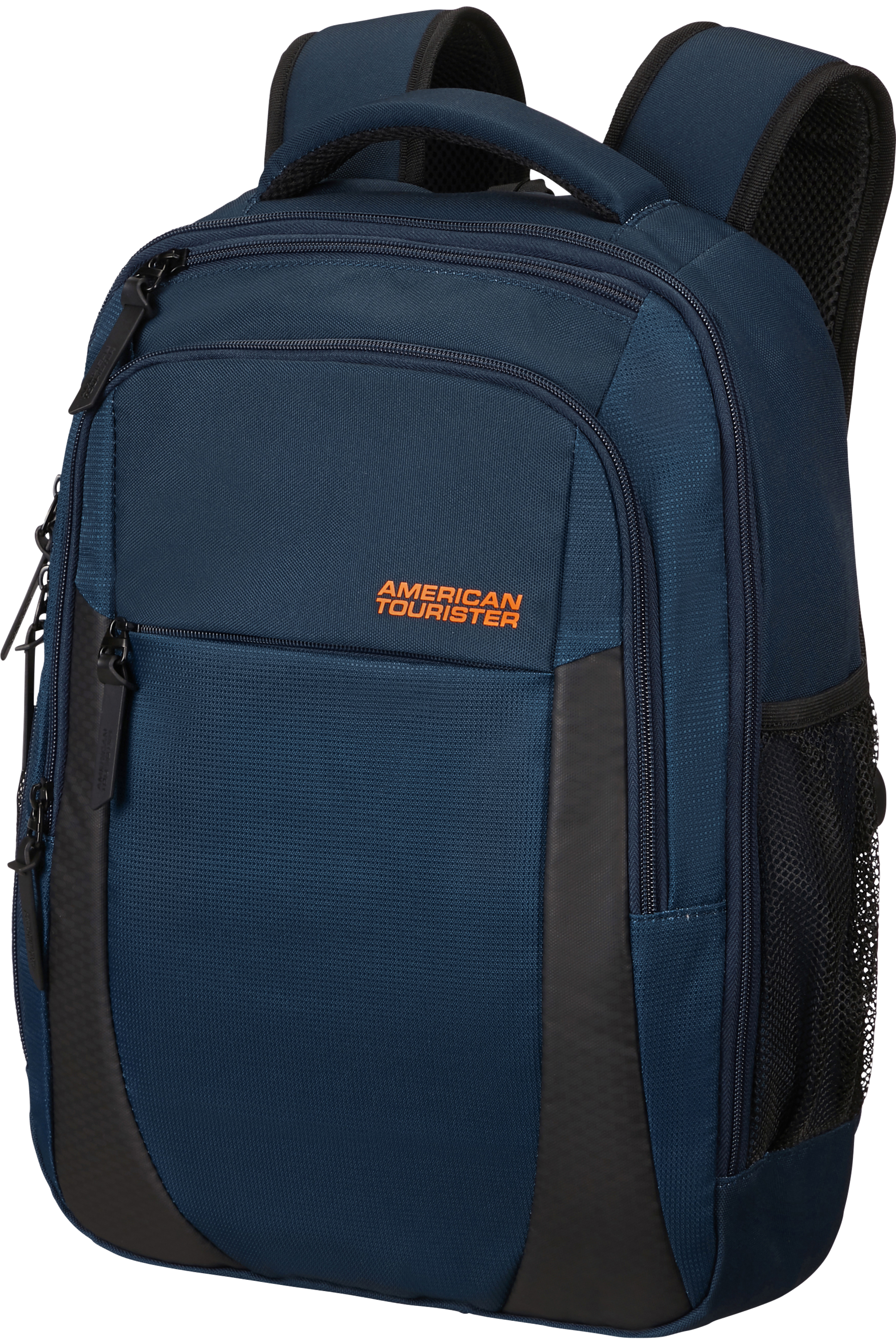 Kék hátizsák fekete részletekkel és az American Tourister logóval.