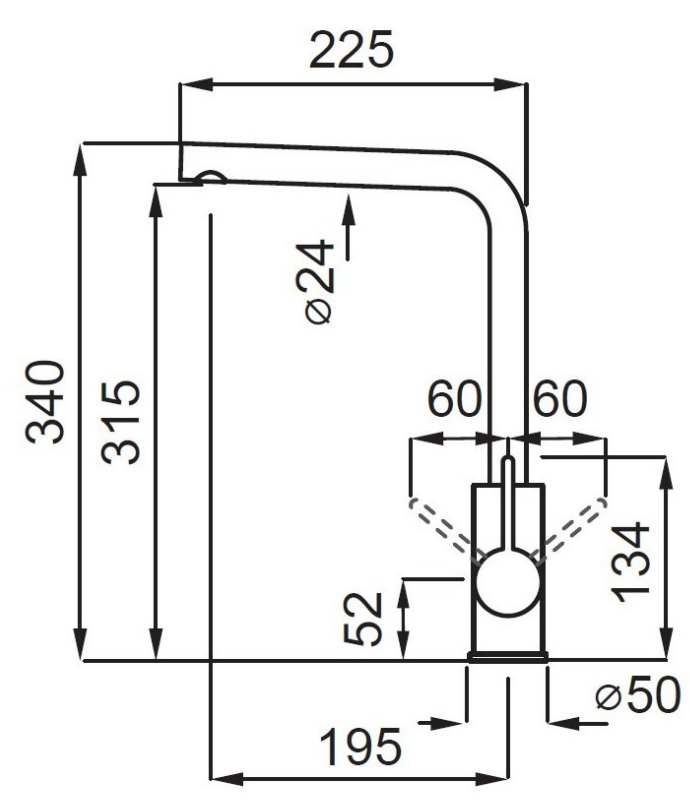 Konyhai csaptelep diagramja milliméteres méretekkel, amely a magasságot és a kinyúlást mutatja.