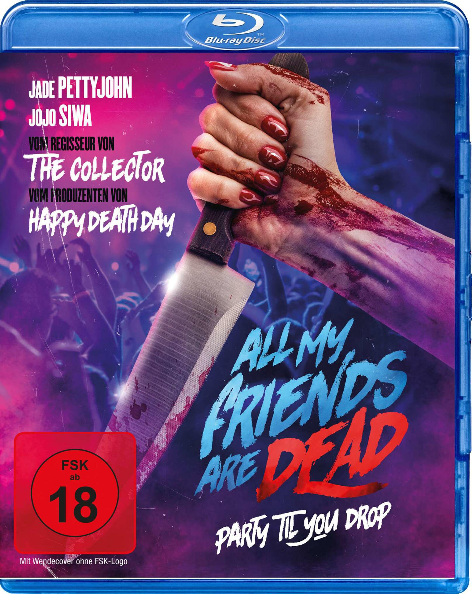Blu-ray-Cover mit blutiger Hand, die ein Messer hält, Filmtitel: All My Friends Are Dead.