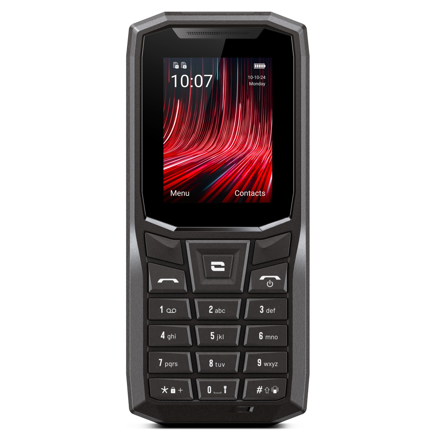 A black cellphone with a red and black screen displays time and date.