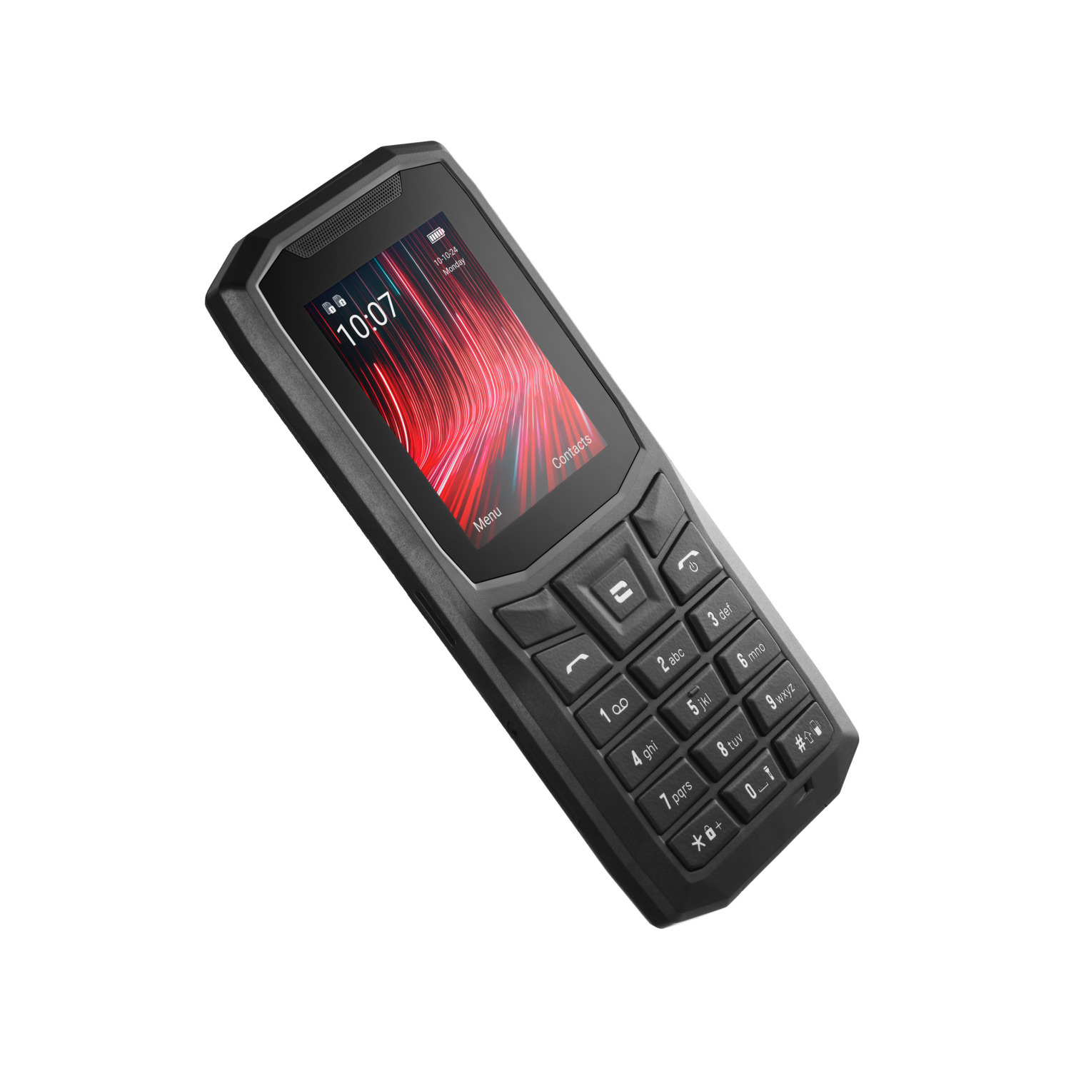 A black rugged phone with a screen displaying time and signal.