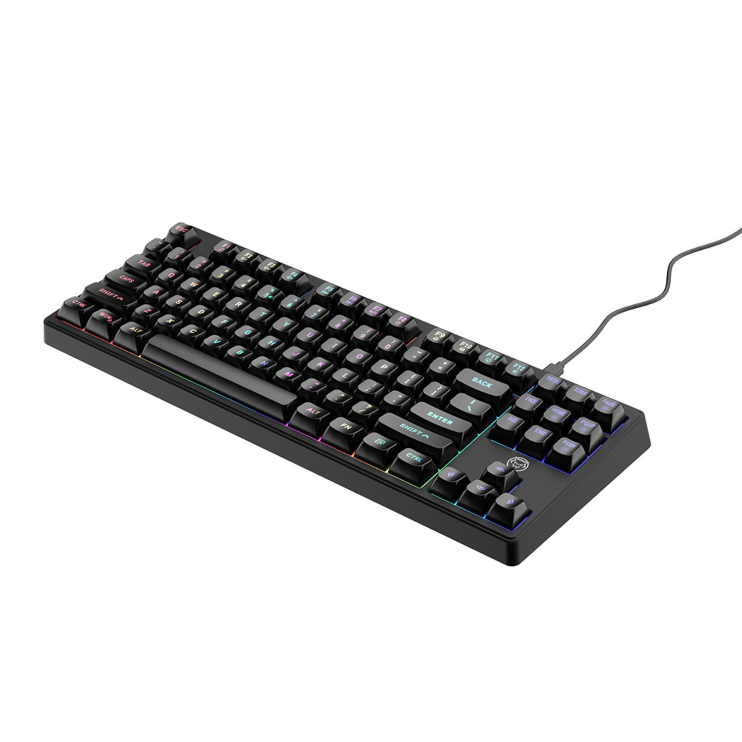A black mechanical keyboard with RGB lighting and a connected cable.