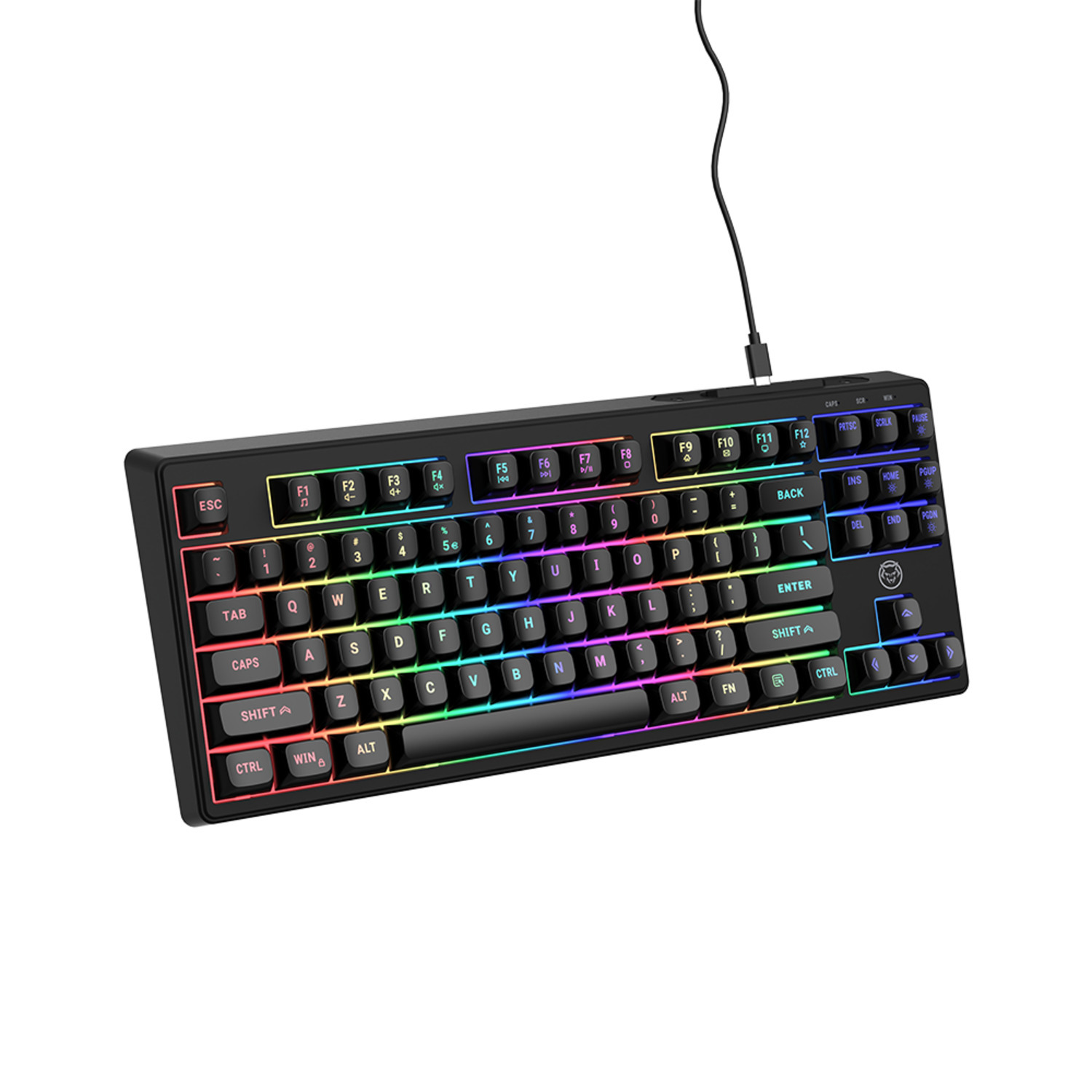 Black keyboard with rainbow-colored keys and a cable. The keys are labeled with letters, numbers, and symbols.