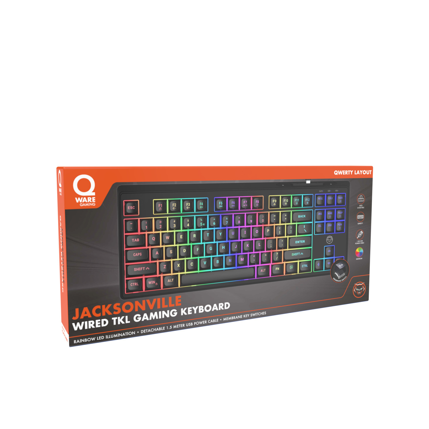 Gaming keyboard in box with rainbow illumination and detachable cable.