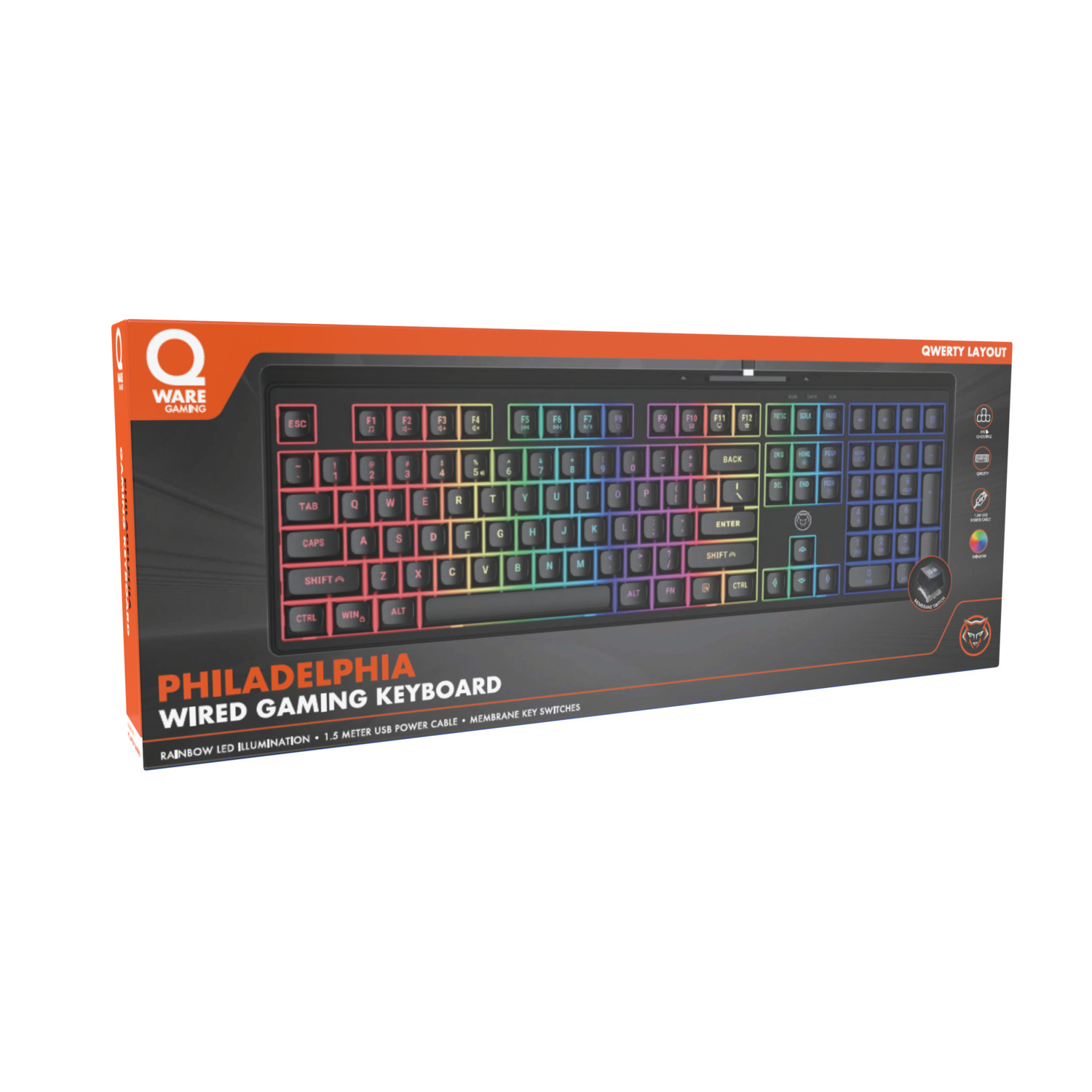 A keyboard box with a colorful keyboard image, product name, and logo on a white background.