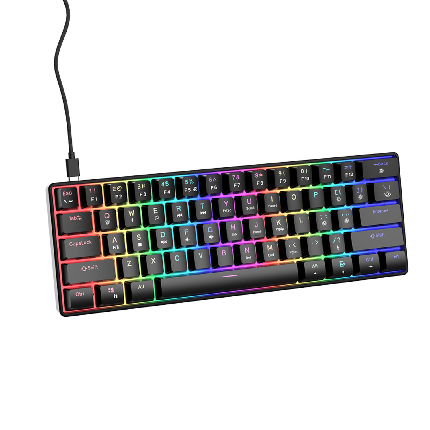 A backlit keyboard with rainbow colors and a USB cable.