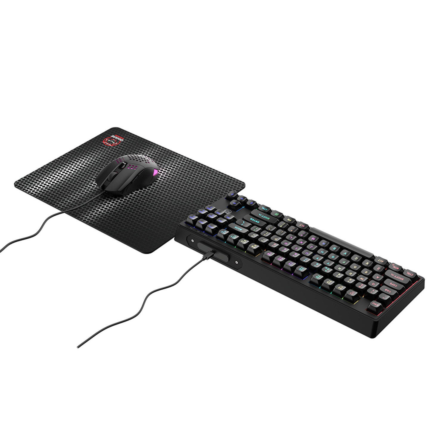 Black keyboard and mouse on a black mousepad. The keyboard is lit up.