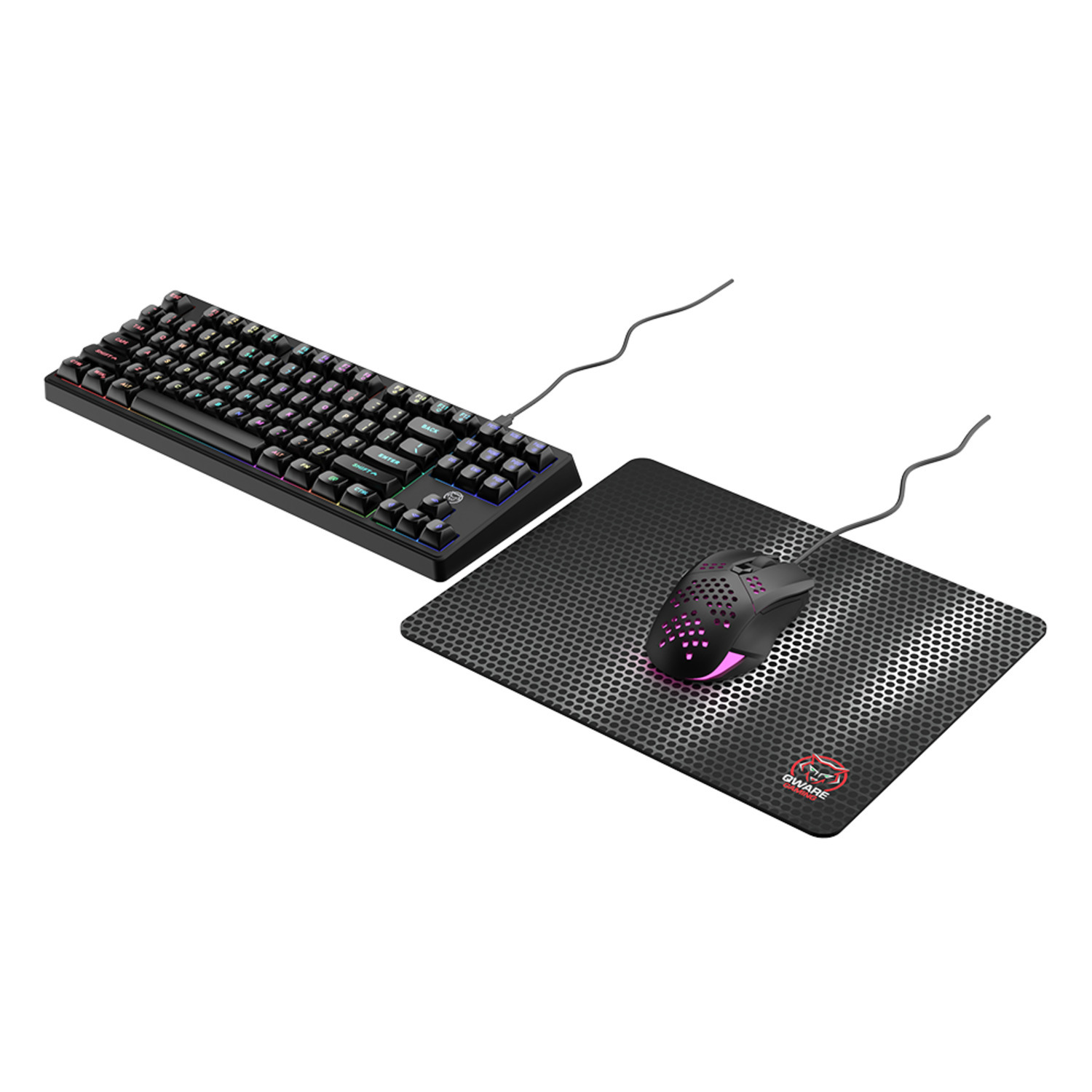A gaming setup with a keyboard, a mouse, and a mousepad.