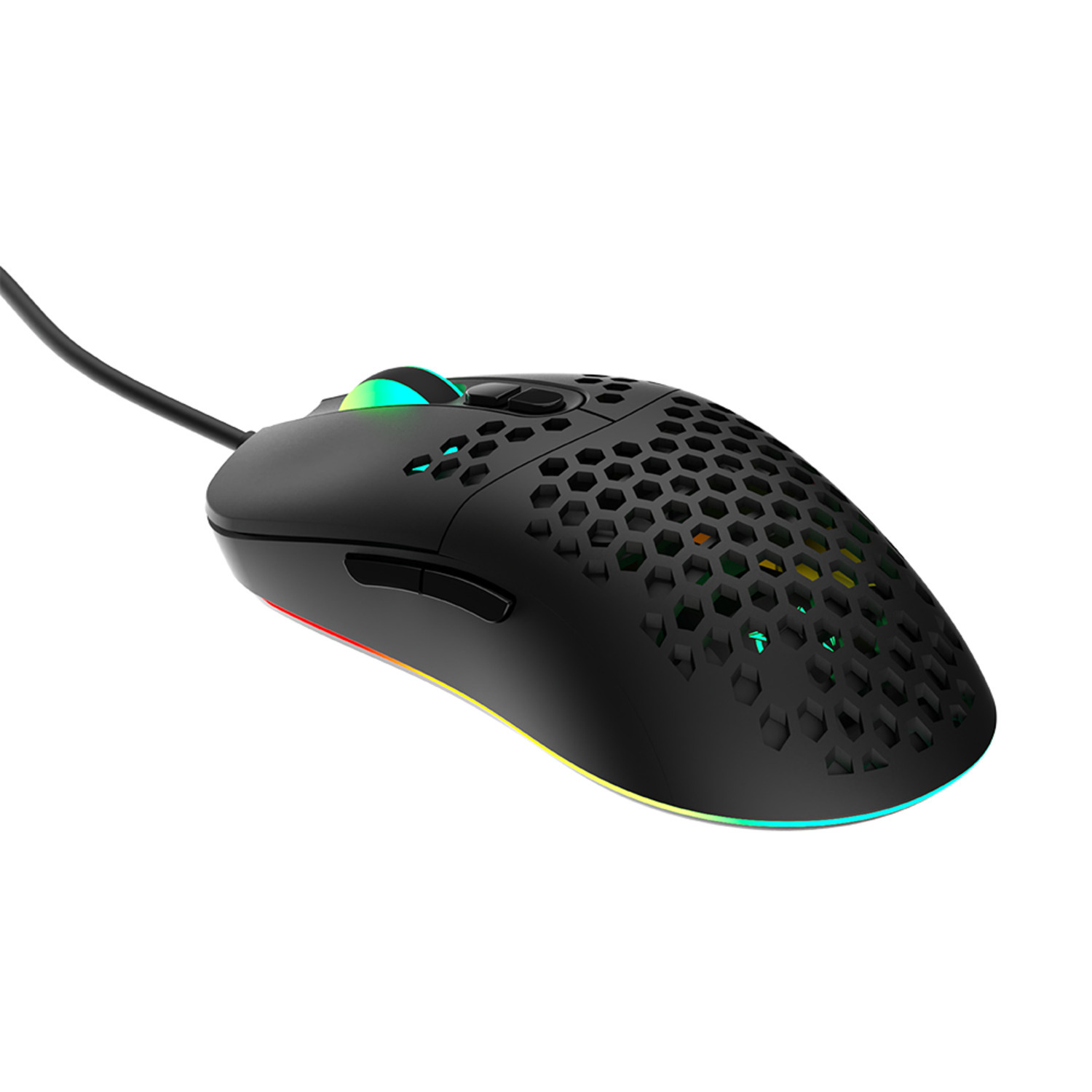 Een zwarte gamingmuis met een honingraatontwerp en RGB-verlichting.