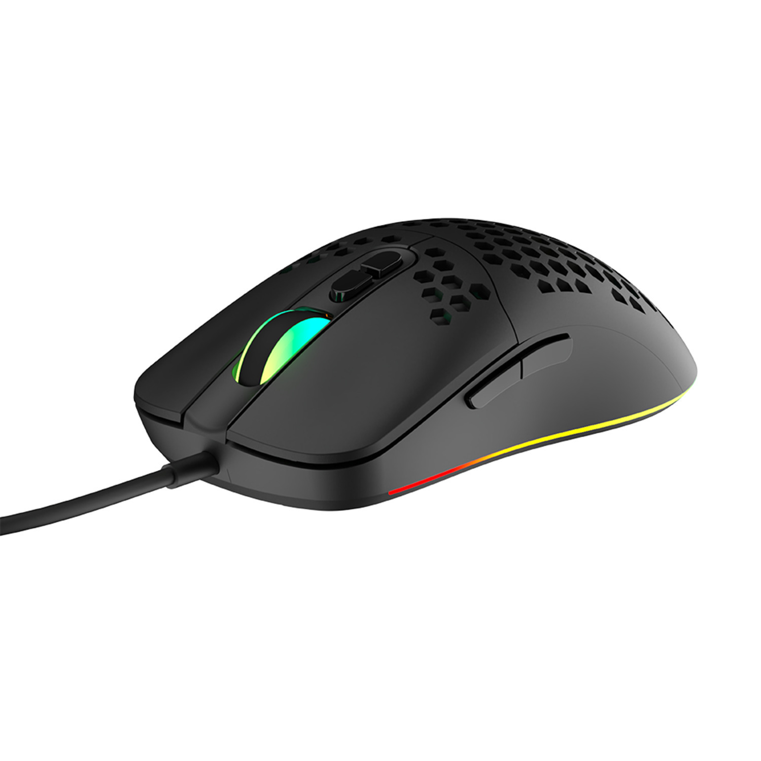 Een zwarte gamingmuis, met een honingraatontwerp en een gekleurde lichtstrip.