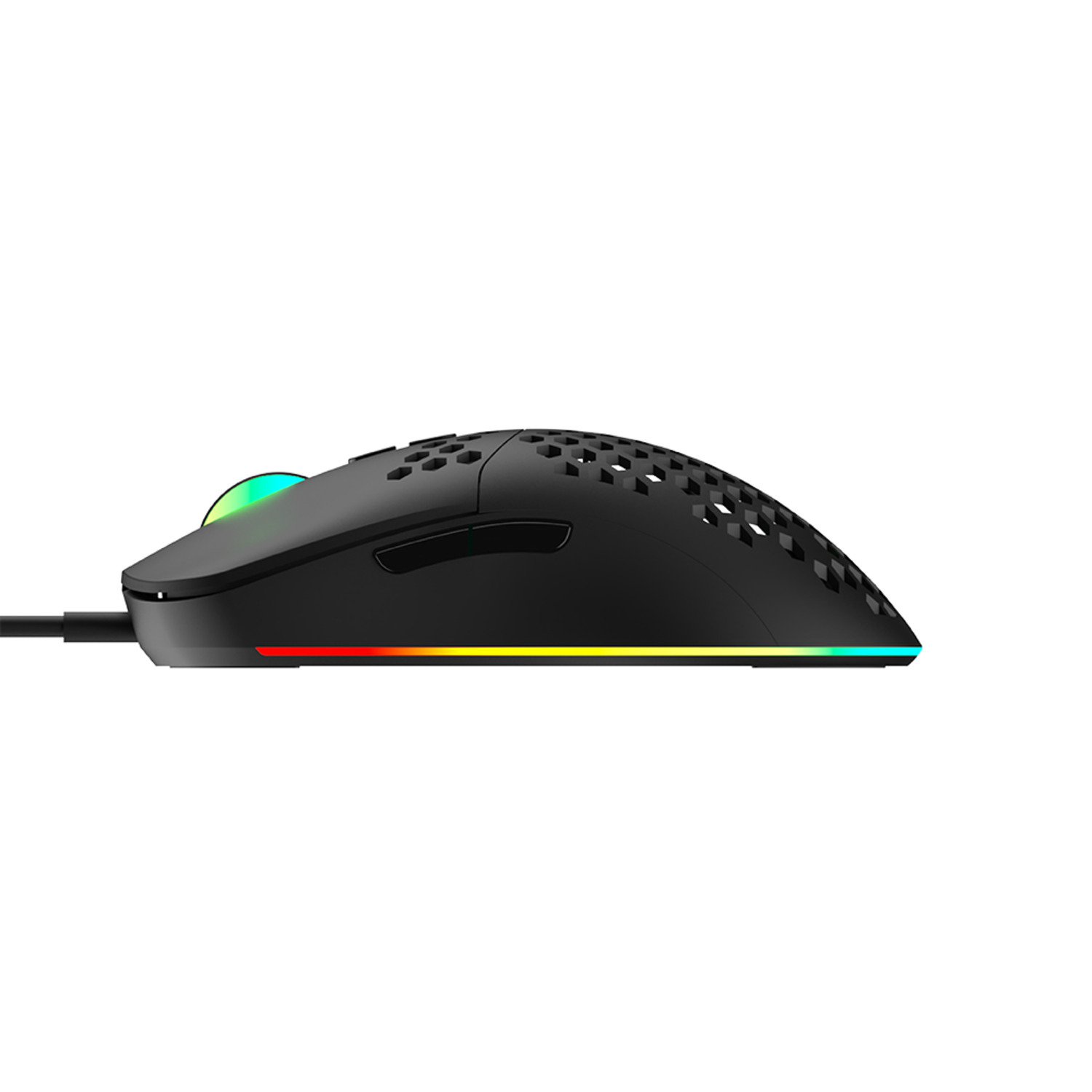 Zwarte gamingmuis met een honingraatontwerp, RGB-verlichting en een snoer.
