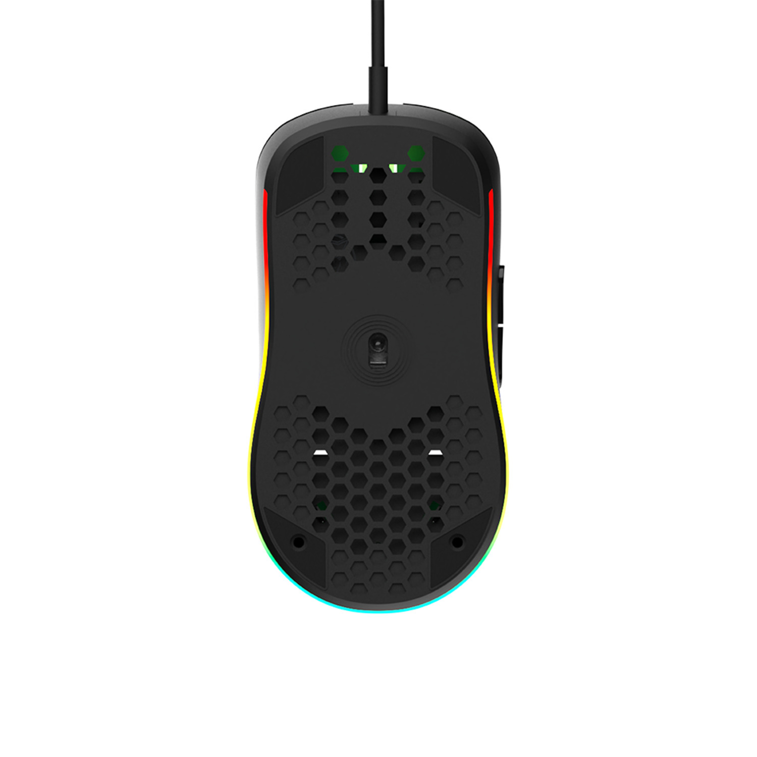 De onderkant van een zwarte gamingmuis met een honingraatpatroon en LED-verlichting.