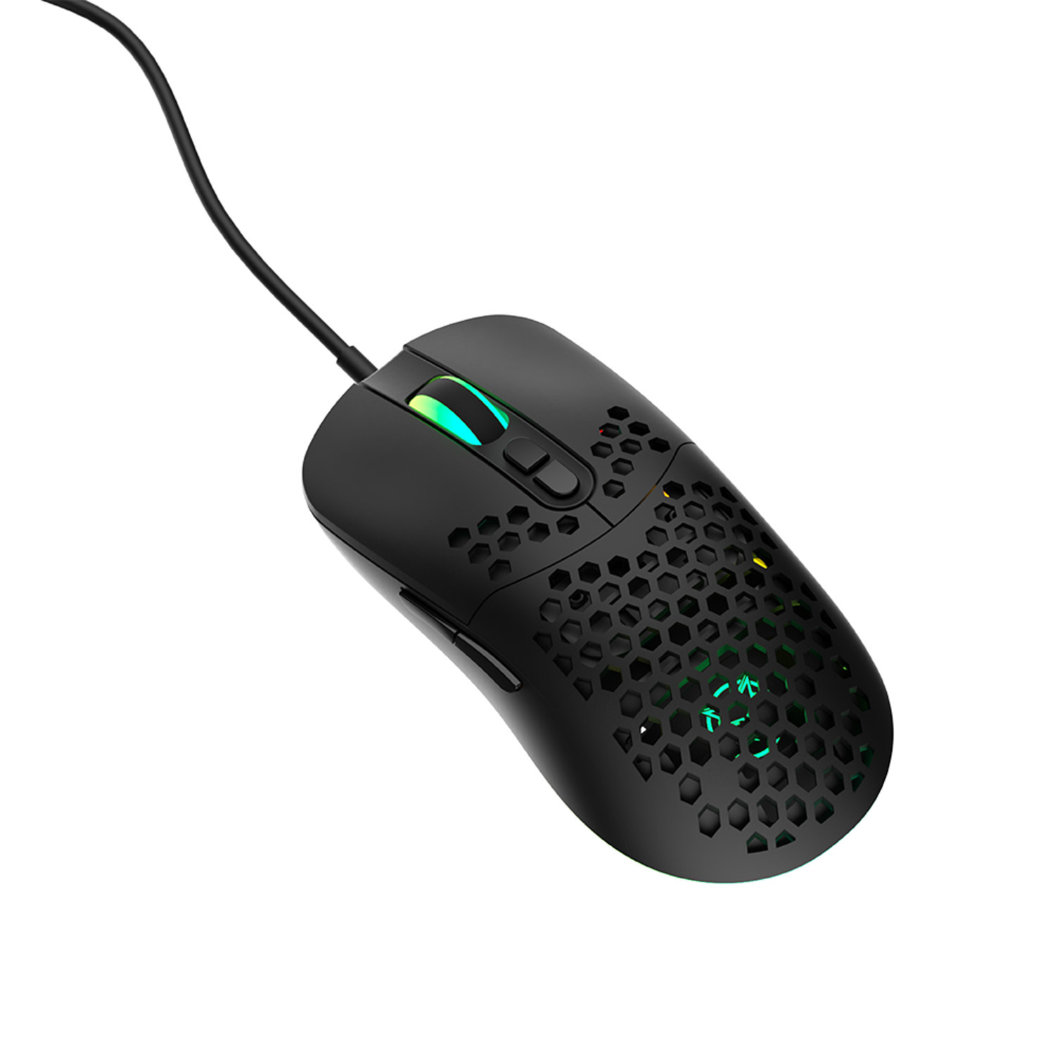 Zwarte gamingmuis met honingraatontwerp en gekleurde verlichting.
