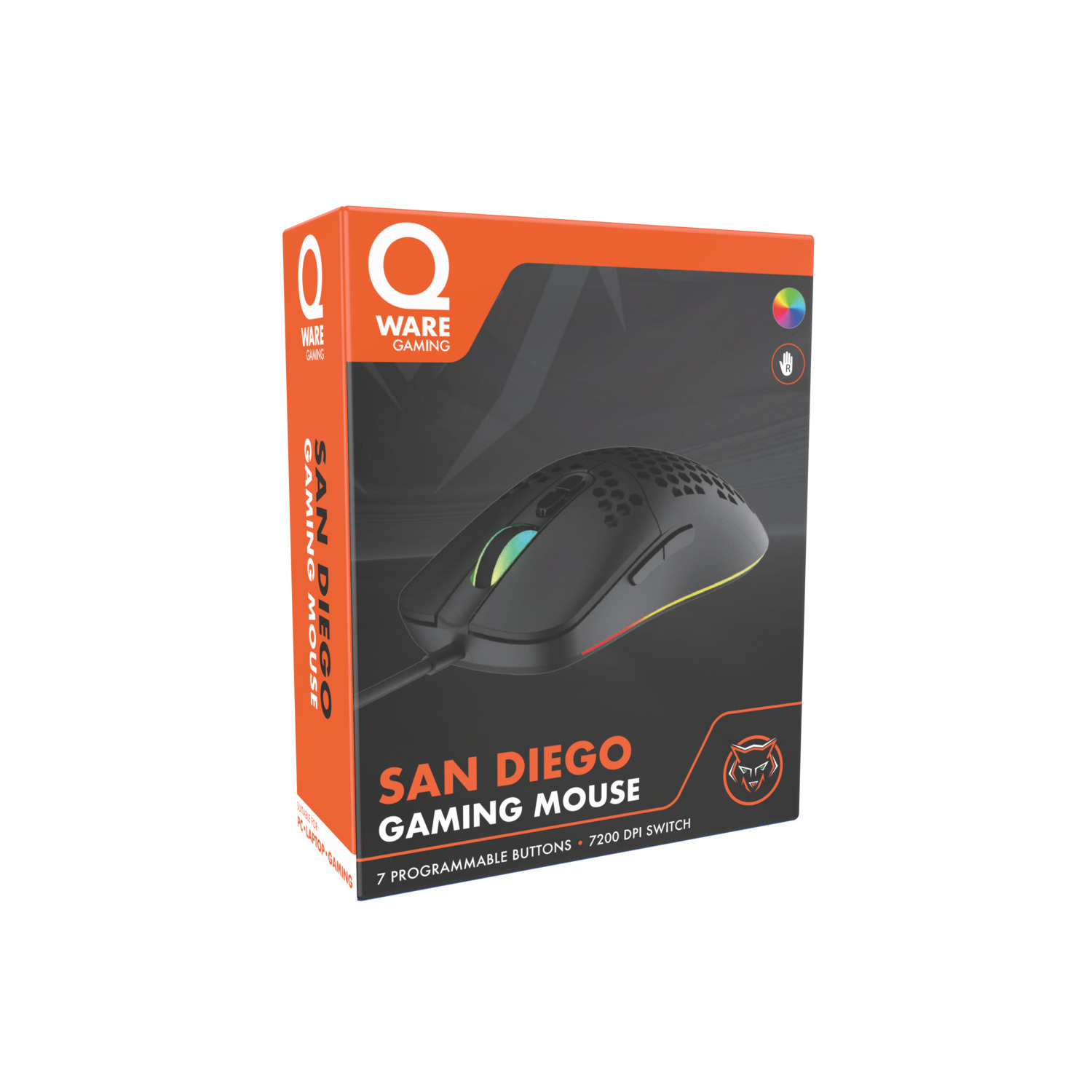 Gamingmuisdoos met zwarte muis, kleurrijke lichten en tekst 'SAN DIEGO'.
