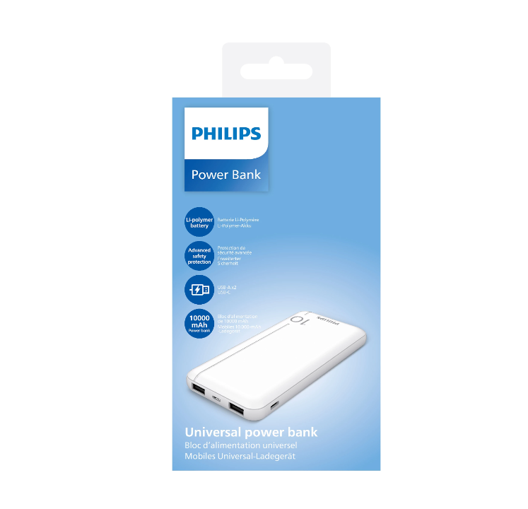 Beyaz Philips powerbank ve ürün kutusu. Metin ve powerbank görüntüsü.