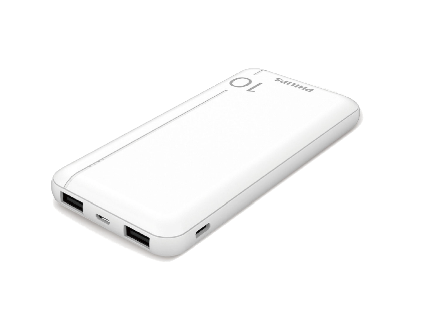 Şık tasarımlı beyaz bir Philips powerbank ve üzerinde '10' sayısı basılı.