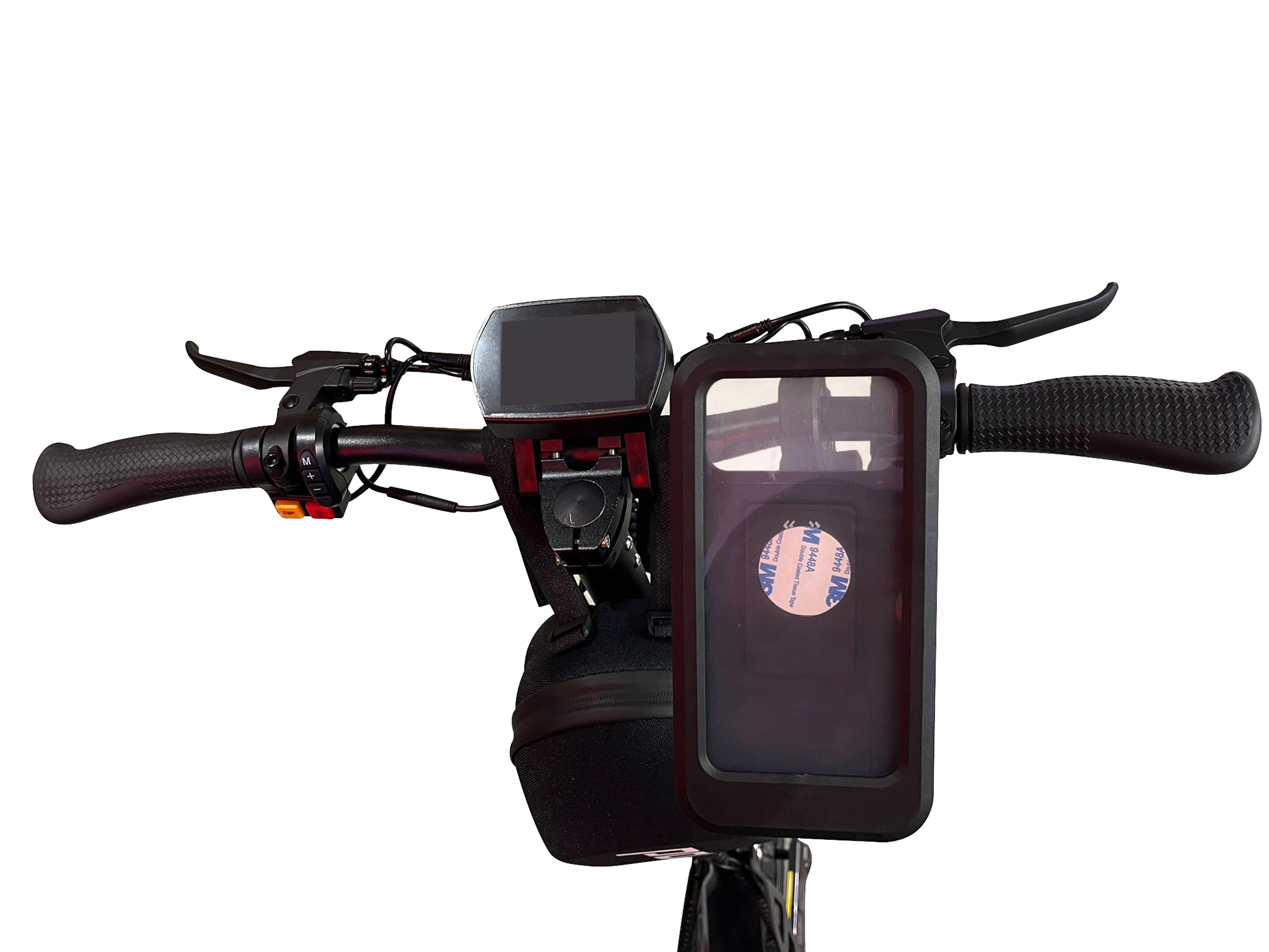 Telefon tutucu ve dijital ekranlı scooter gidonu.