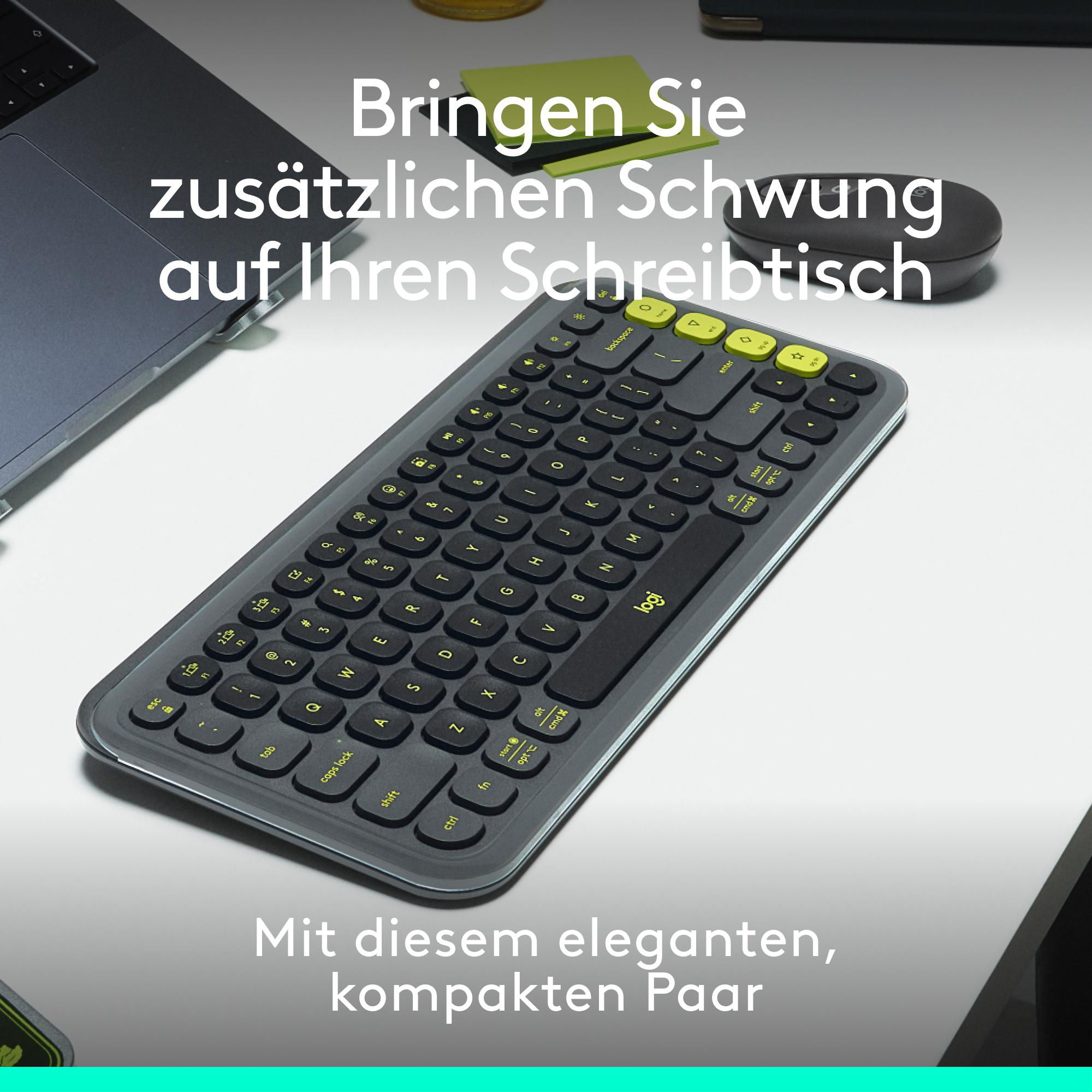 Tastatur auf weißem Schreibtisch. Text: 'Bringen Sie zusätzlichen Schwung auf Ihren Schreibtisch. Mit diesem eleganten, kompakten Paar'.
