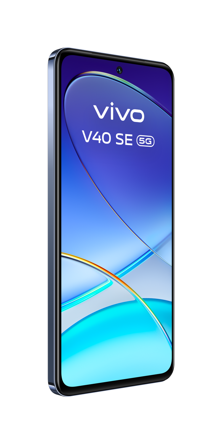 Un smartphone Vivo V40 SE 5G sobre un fondo negro, mostrando su pantalla curva y diseño.