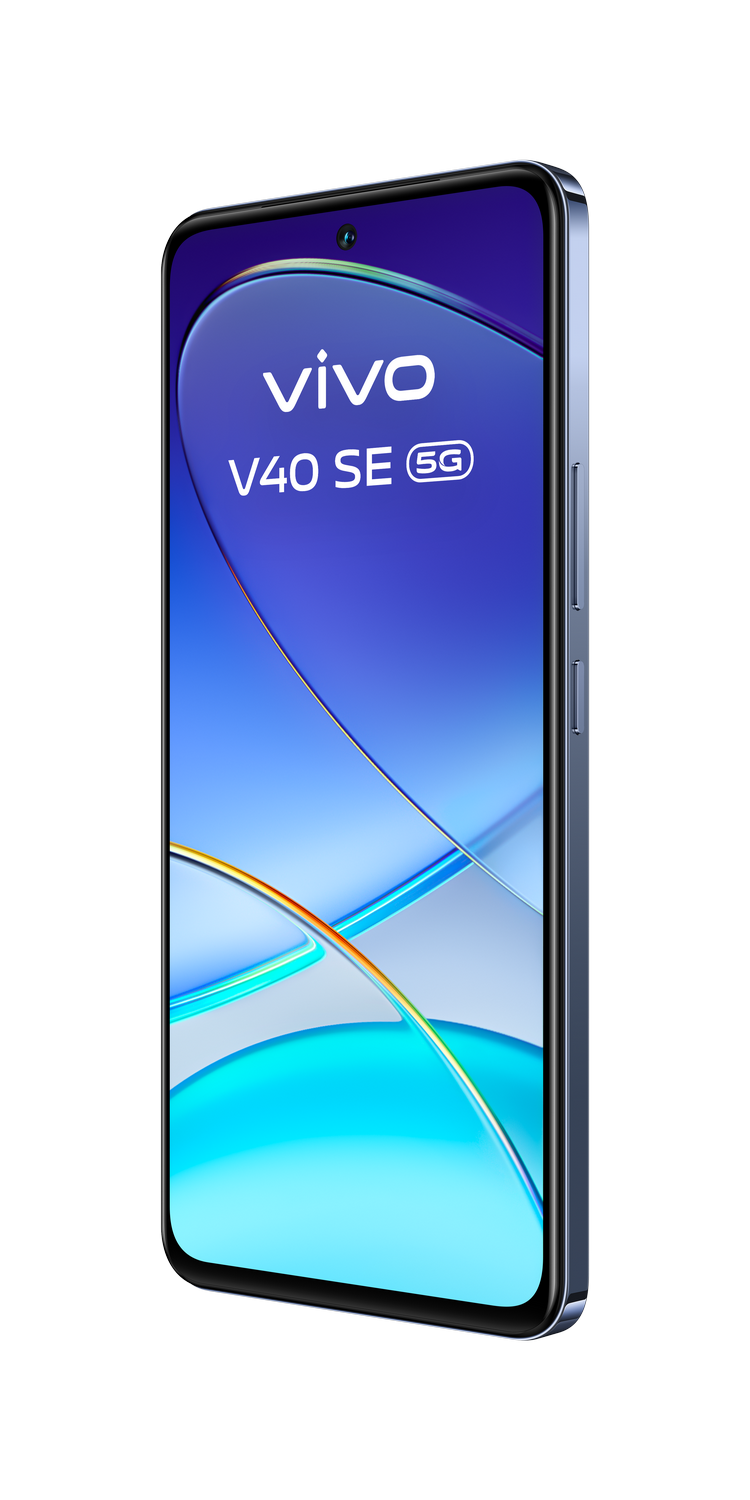 Un teléfono inteligente azul vivo V40 SE 5G, en una toma de estudio, sobre un fondo negro, en ángulo hacia la derecha.
