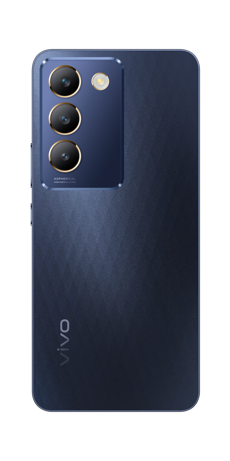 Teléfono azul oscuro con tres lentes de cámara y logotipo vivo, sobre superficie texturizada.