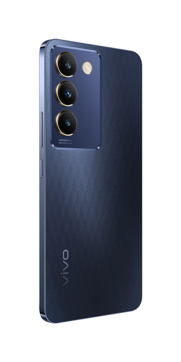 Smartphone azul con tres cámaras traseras. El logotipo de Vivo es visible.