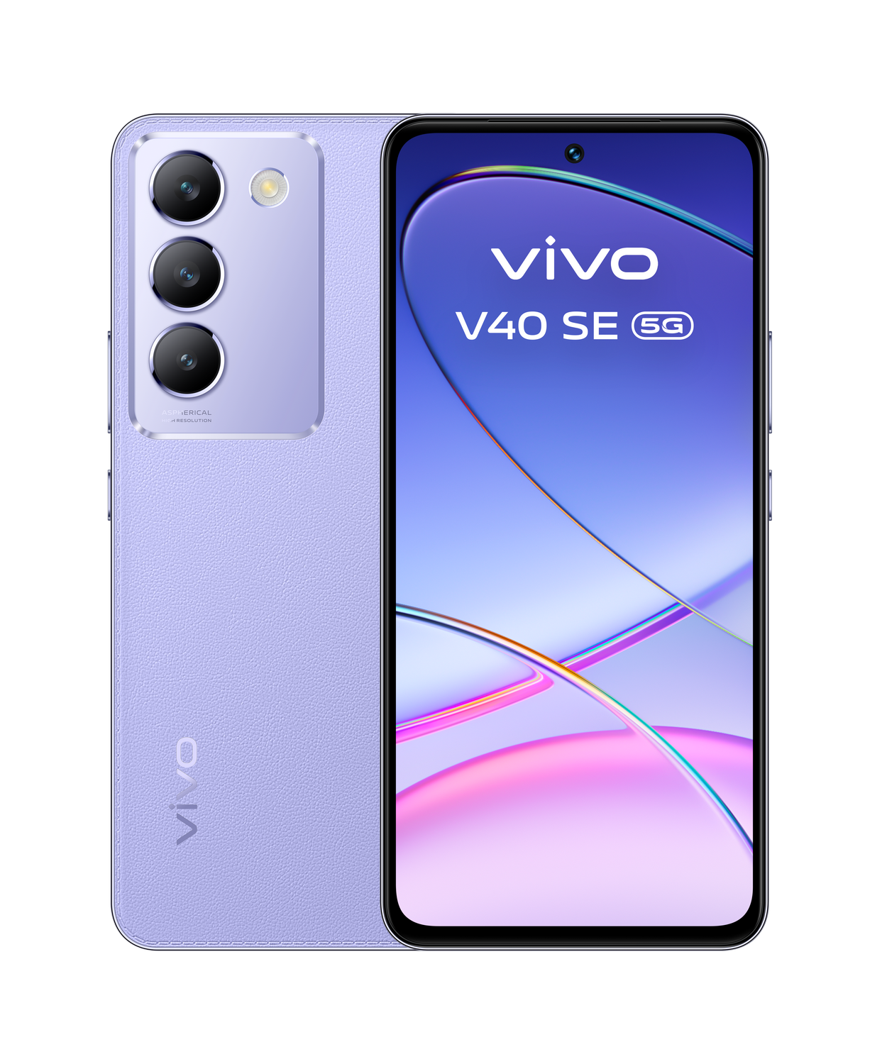 Teléfono morado Vivo V40 SE 5G. Tiene tres cámaras y una pantalla.