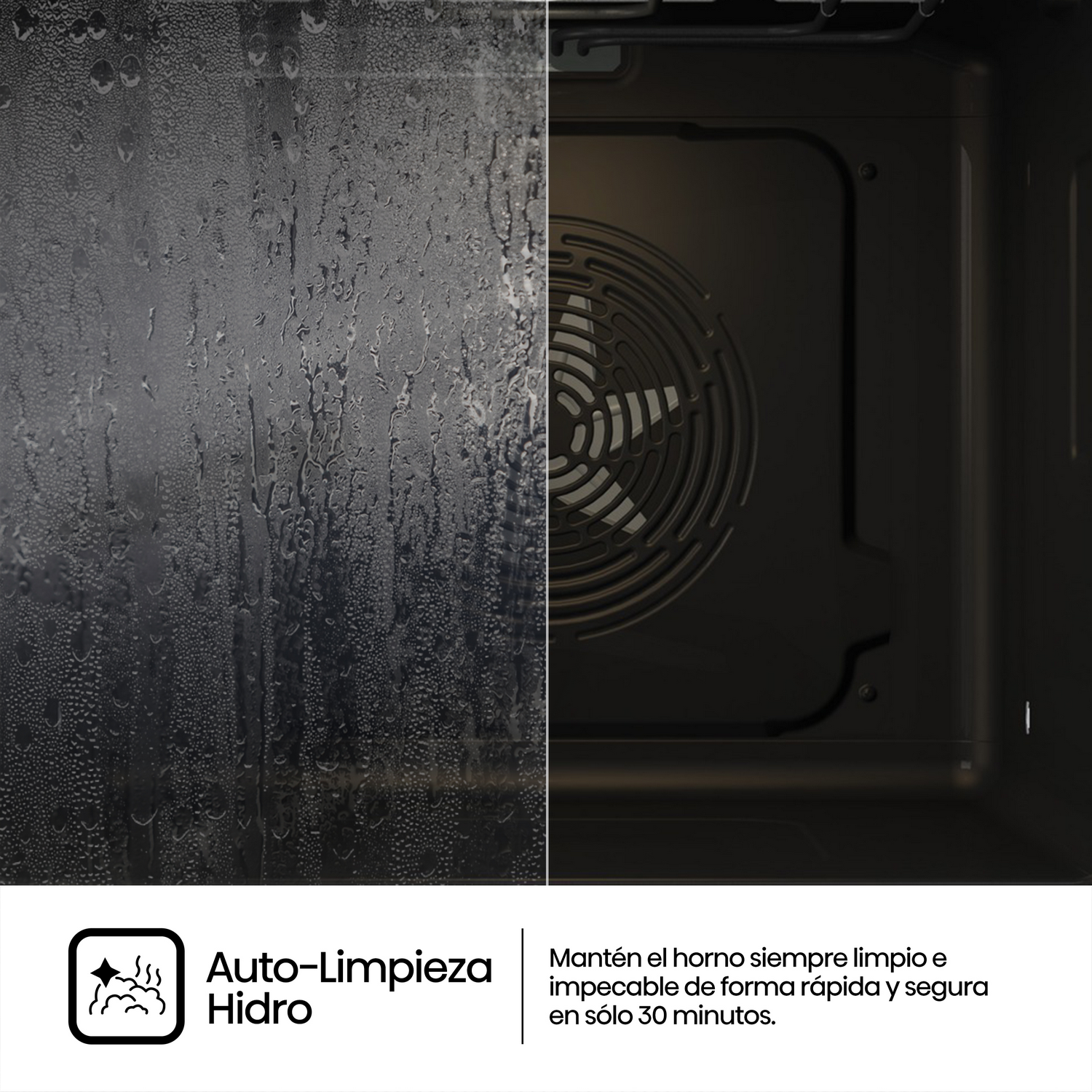 Interior del horno. Limpio, con ventilador. Puerta de cristal. Texto: Auto-Limpieza Hidro.