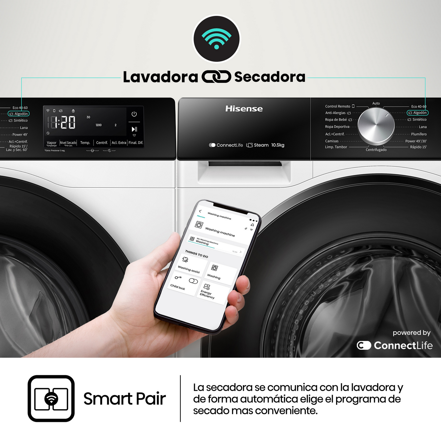 Lavadora y secadora con un smartphone mostrando la interfaz de la app para control.