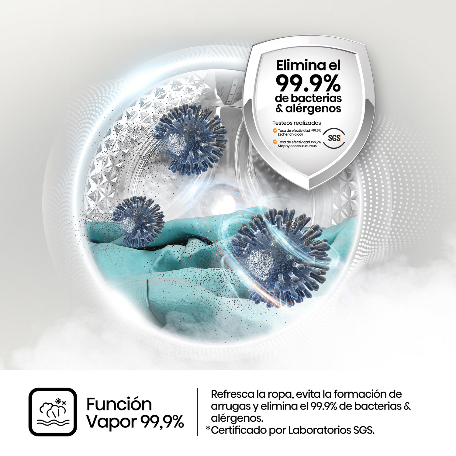 Una ilustración sobre las características de la lavadora: elimina bacterias y alérgenos, función vapor y certificación SGS.