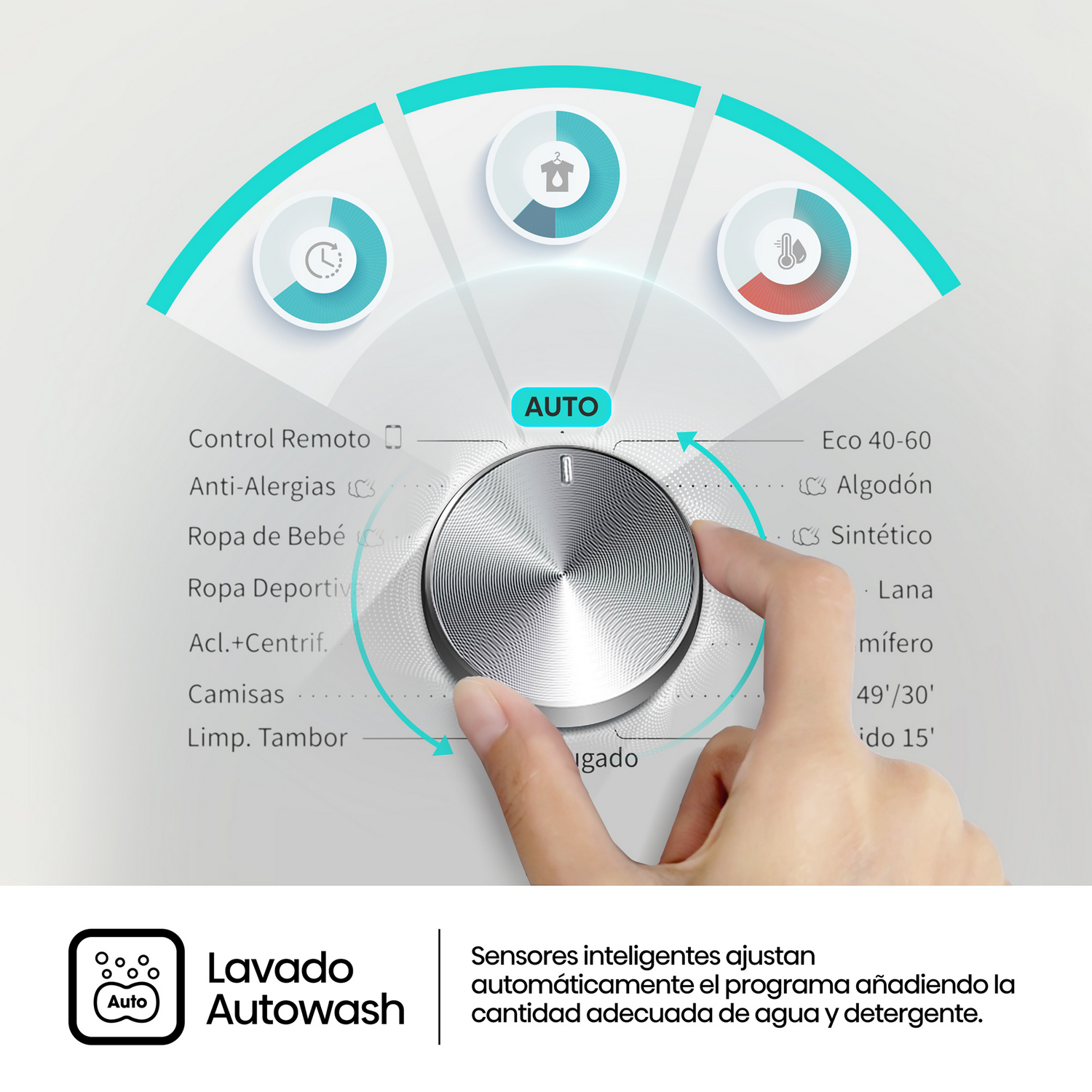 Panel de control de lavadora. Mano girando dial con programas de lavado. Texto en español.