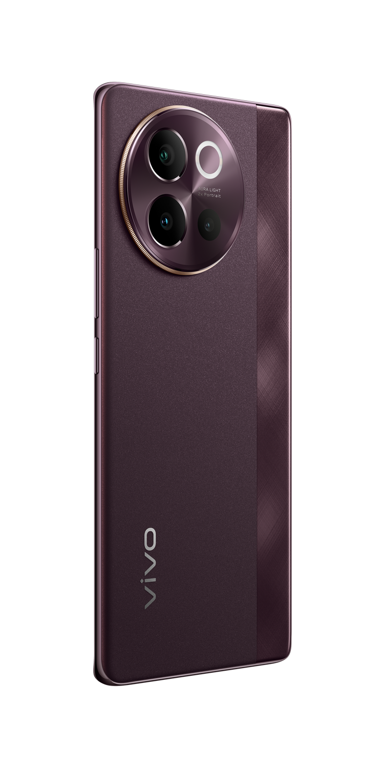 Smartphone morado sobre fondo negro, mostrando la parte trasera con cámaras.