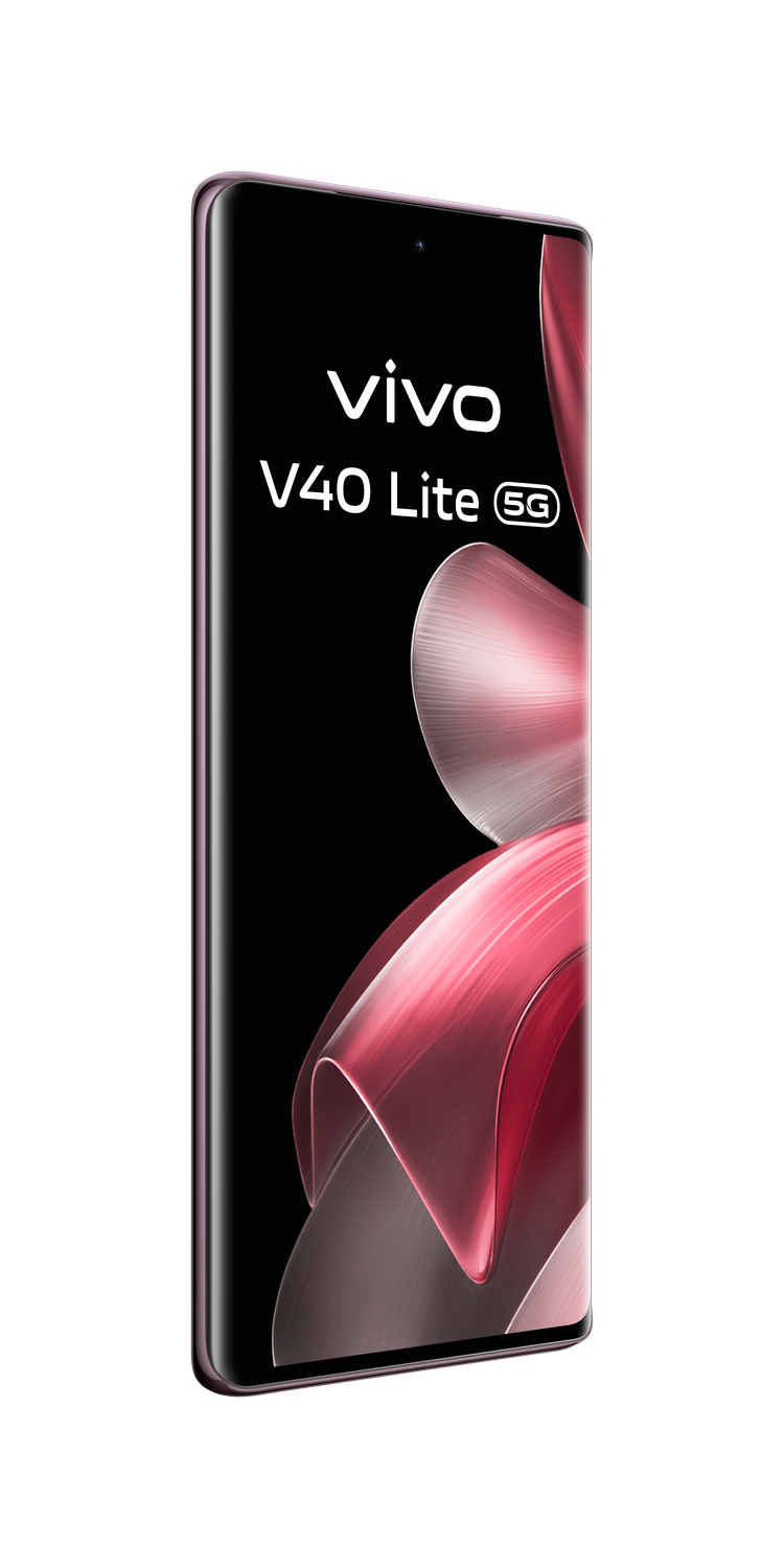 Un smartphone Vivo V40 Lite 5G rosa, visto de lado, con un fondo negro.