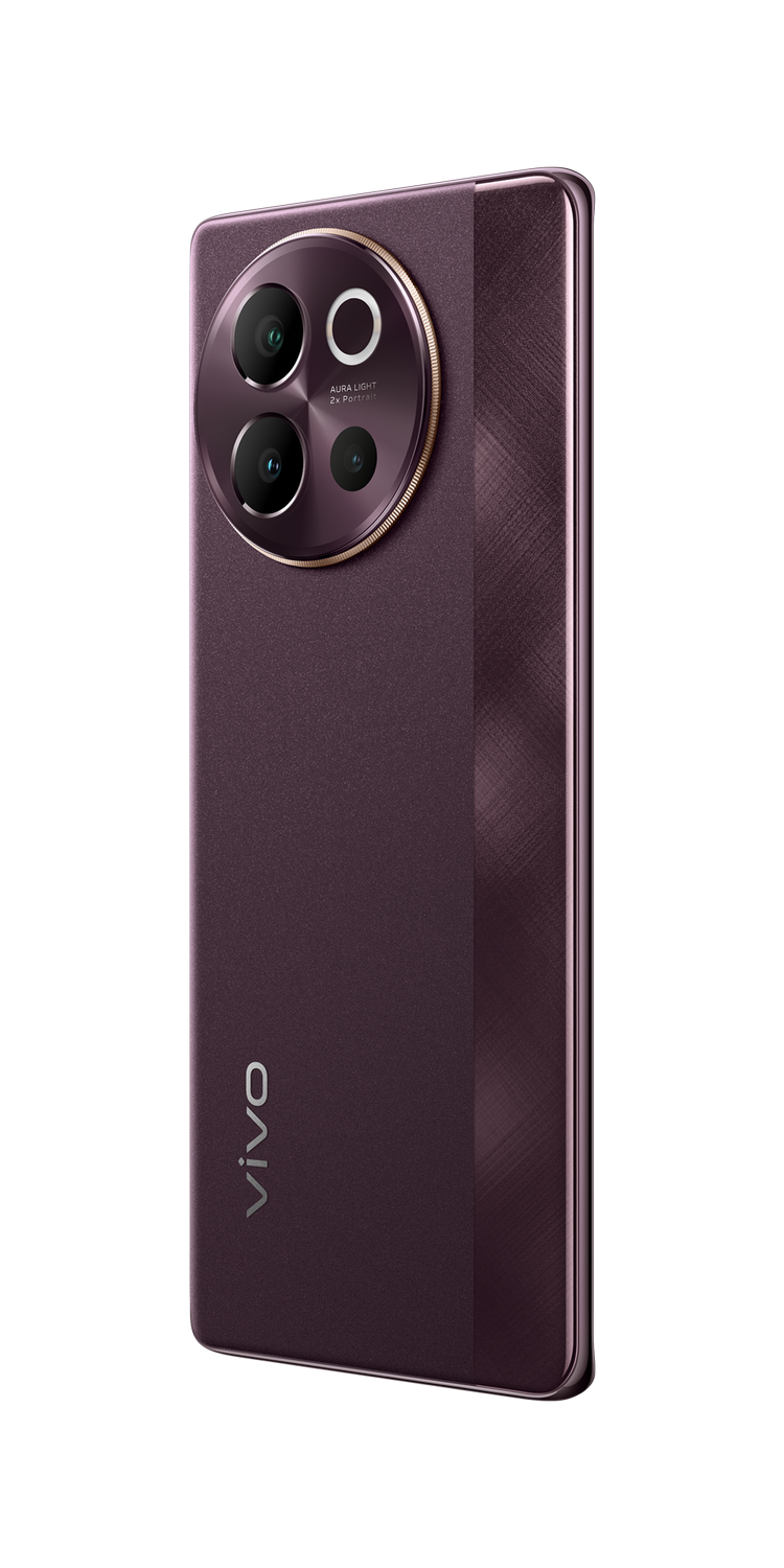 Un teléfono inteligente púrpura con tres cámaras traseras y el logotipo de Vivo.