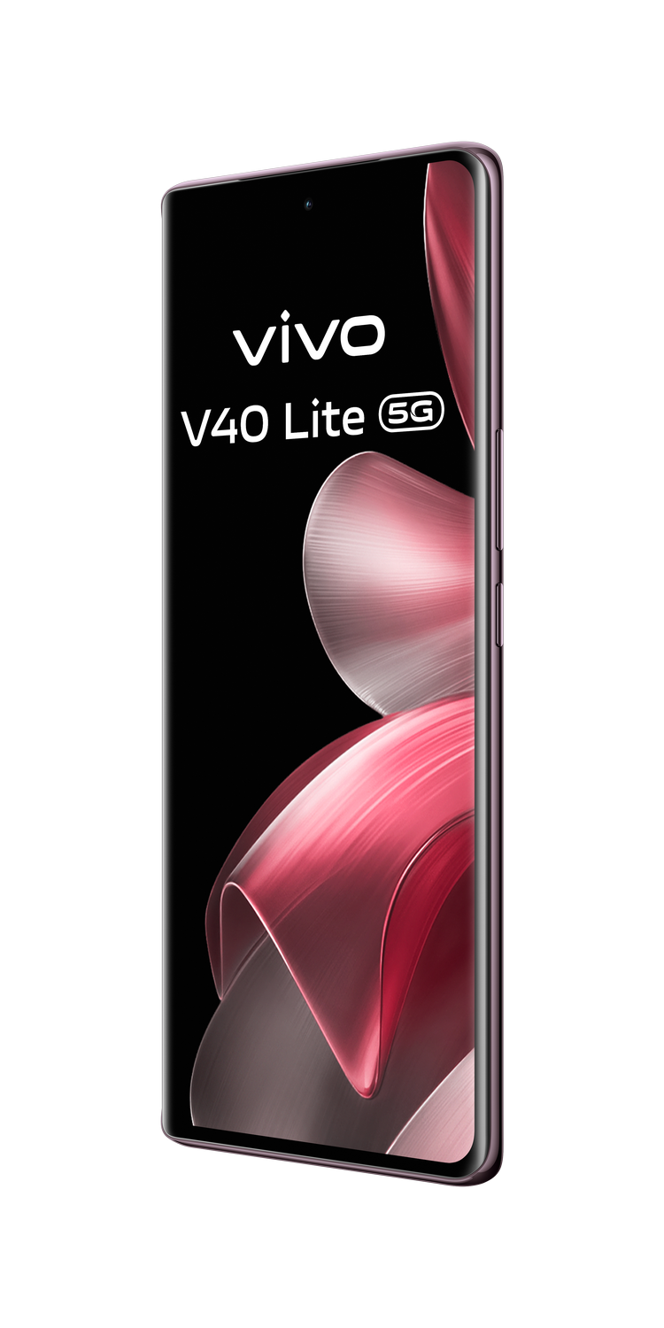 Smartphone rosa con pantalla curva, vista lateral, con texto 'vivo V40 Lite 5G' visible.