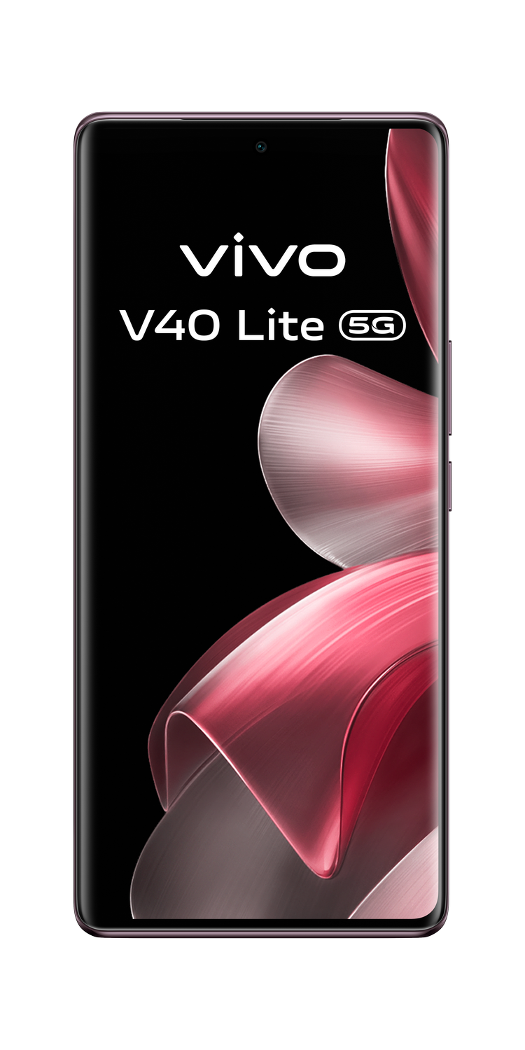 Smartphone con pantalla grande, logo vivo V40 Lite 5G y diseño rosa.