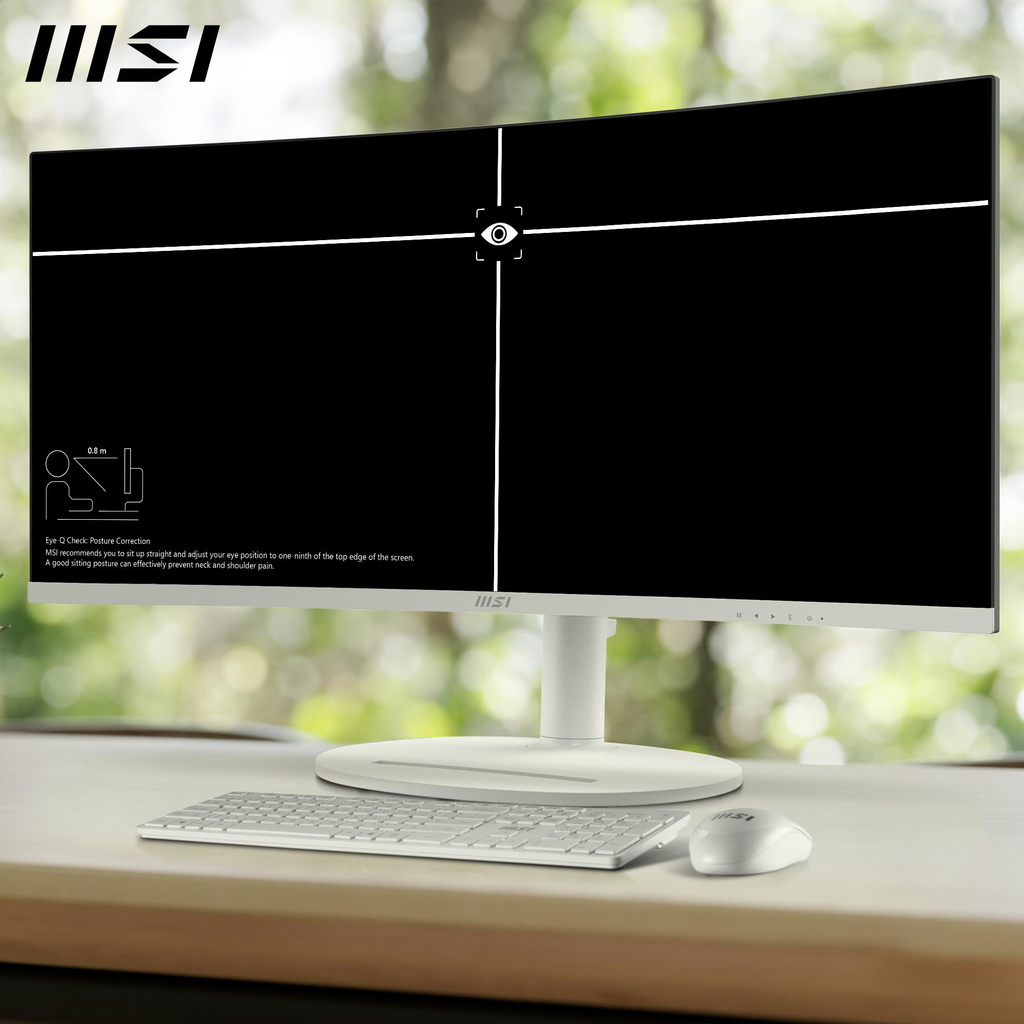 Ein weißer Computermonitor auf einem Schreibtisch mit Tastatur und Maus. Ein Fadenkreuz wird angezeigt.